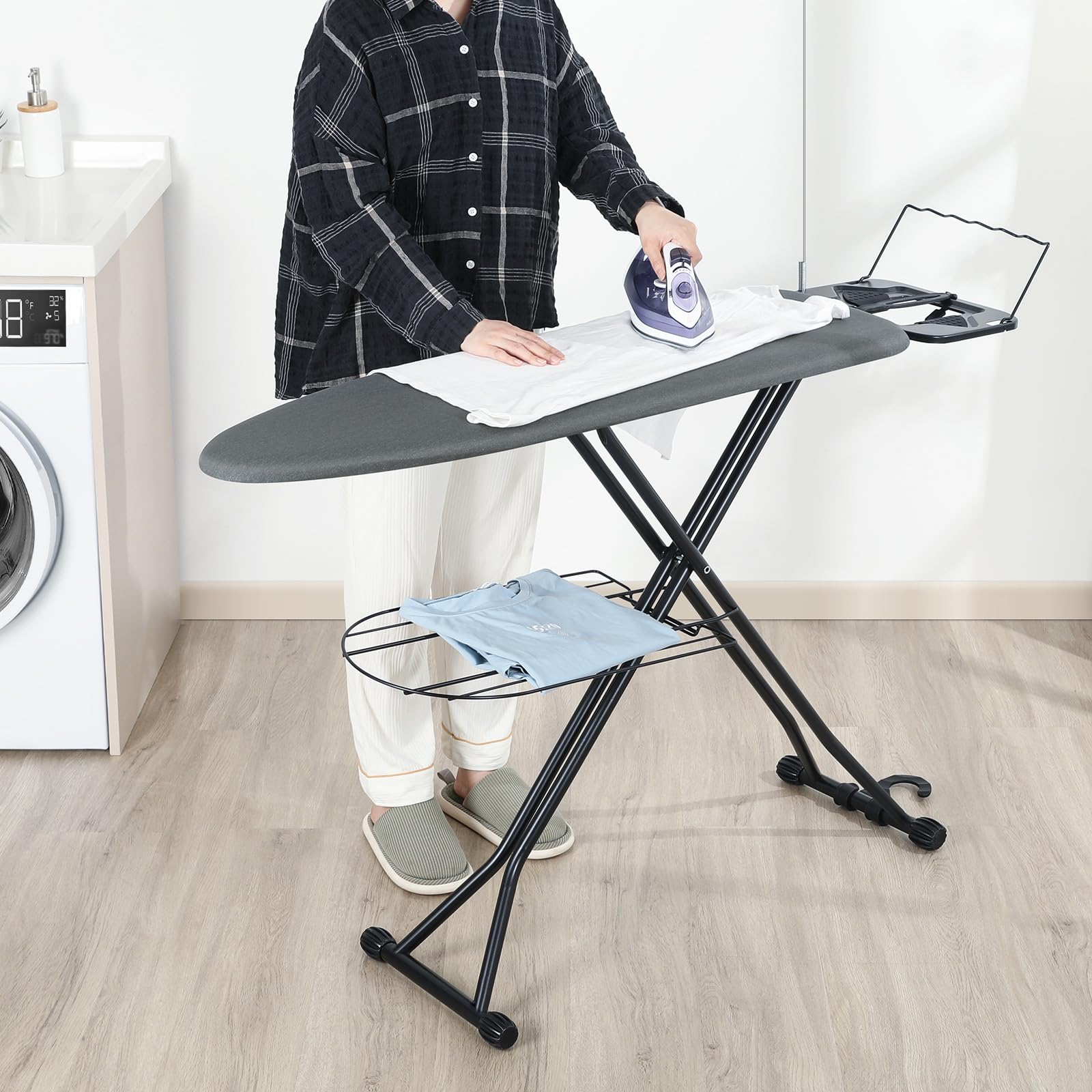 APEXCHASER Ironing Board, Compact Iron Board with Iron Rest and Hanger and Silicone Irons Harness, 7 Adjustable Heights & Extra Thick Cover, Folding Heavy Duty Ironing Board, Black