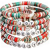 CLOORDE 6 Pcs Christmas Bracelets for Women Stretch Polymer Clay Beads Letter Bracelets Stackable Deer Snowman Christmas Tree Brace-lets Holiday Christ-mas Gifts Stocking Stuffers Accessories