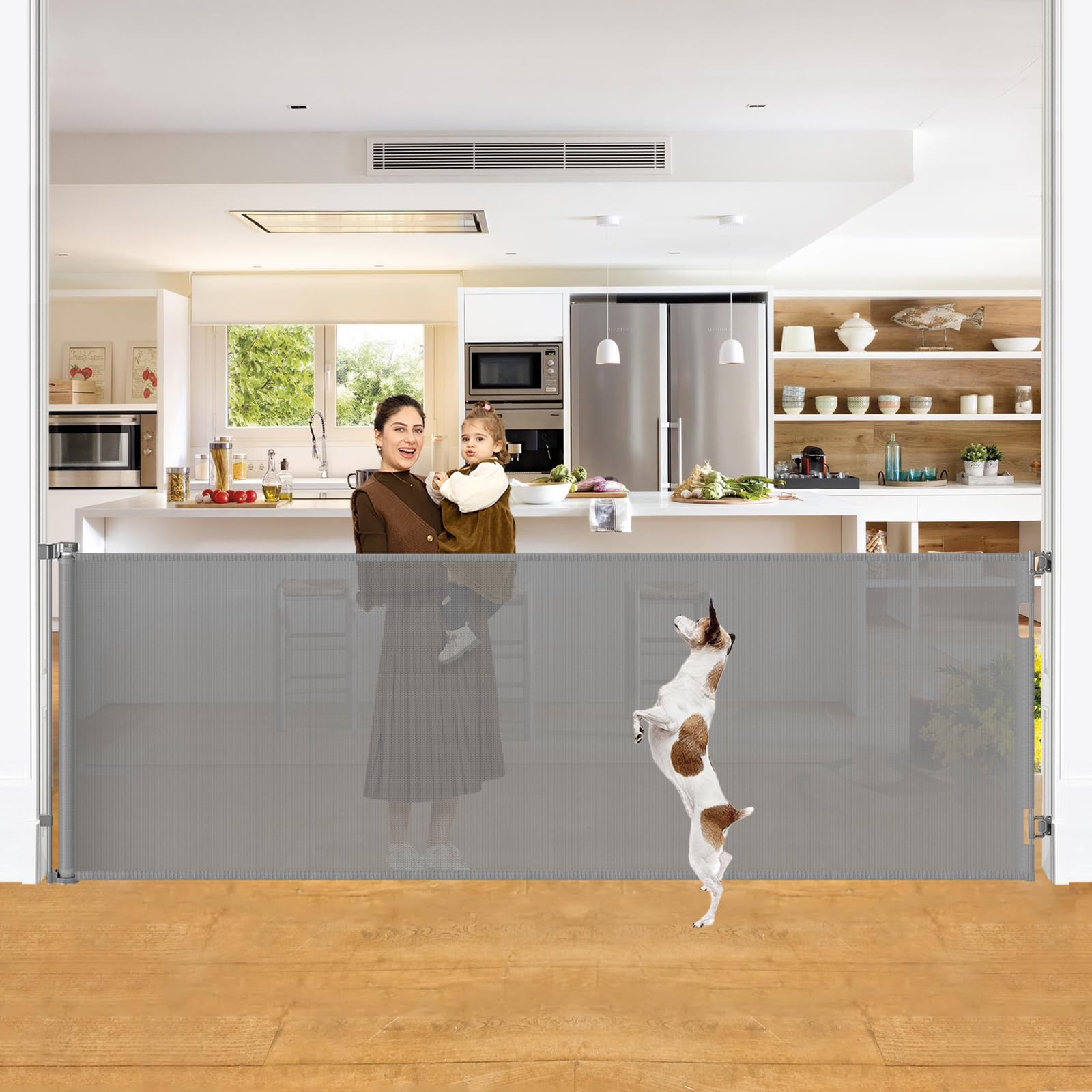Photo 1 of 42" Tall X 100" Extra Wide Retractable Gates for Large Openings Extra Tall Dog Gates for Doorway Tall Retractable Baby Gate Tall Mesh Gates for Kids and Pets Large Dog Gate for Indoor/Outdoor, Gray