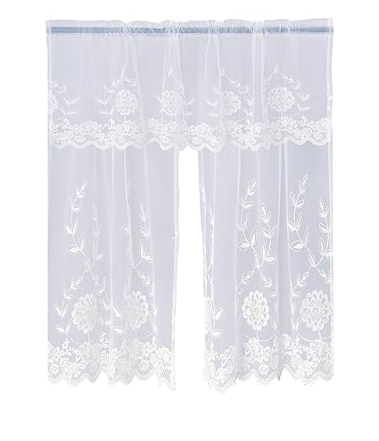 Violet Linen Royalty Decorative Embroidered Sheer Lace Floral Window Valance, 60 x 15, White
