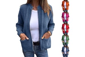 Round Neck Zipper Knitted Jacket, Cropped Open Front Long Sleeve Ribbed Chunky Cardigans, Casual Loose Solid Outwear