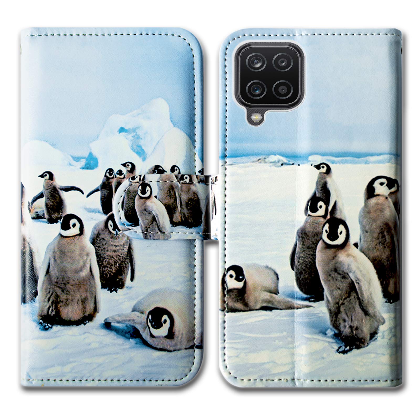 Bcov Galaxy A12 Case, Cute Playing Penguin Leather Flip Phone Case Wallet Cover with Card Slot Holder Kickstand For Samsung Galaxy A12 2021