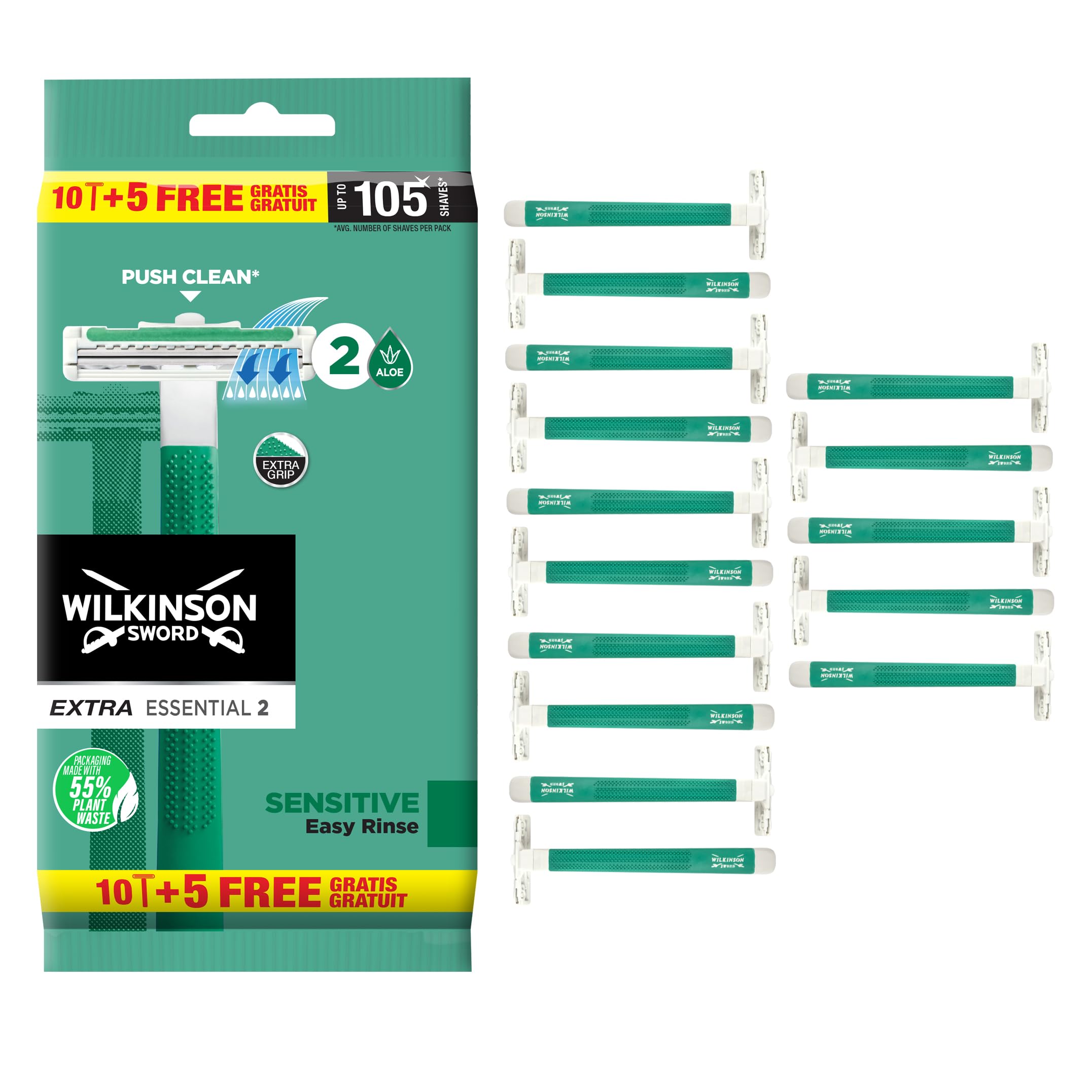 Wilkinson Sword Extra 2 Sensitive Disposable Razor 2 Blade Slim Head Non Slip Grip 15 Count White Unisex Men's Classic Manual Shaving Razor