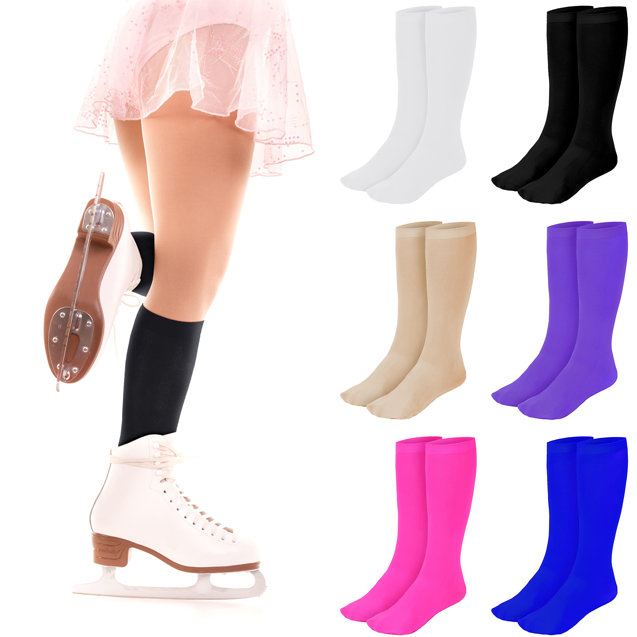 Photo 1 of SATINIOR 6 Pairs Ice Skating Socks Roller Skating Socks High Tight Knee Nylon Roller Skate Sock Women Girl(Multi Color)