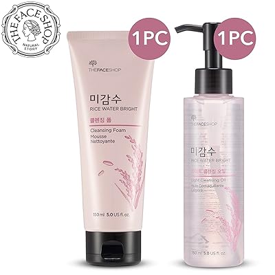 [THEFACESHOP] Rice Water Bright Cleansing Foam (150 mL/5.0 Oz) &amp; Light Cleansing Oil (150 mL /5 Oz) Set, Moisturizing And Brightening Care For All Skin Types