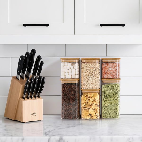COMSAF GLASS PANTRY STORAGE CONTAINERS (0.7QT/1.2QT/1.6QT) SET OF 6, GLASS STORAGE CONTAINERS WITH LIDS, KITCHEN FOOD STORAGE JAR, SQUARE GLASS JARS FOR FLOUR CEREAL SUGAR TEA COFFEE BEANS SNACKS