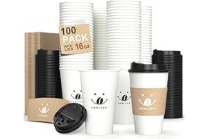 Coolcap Coffee Cups with Lids and Sleeves, 16 Ounce 100 pack To Go Coffee Cups with Lids, Disposable Hot Coffee Paper Cups Bulk for Hot Beverage (16 Ounce, White)