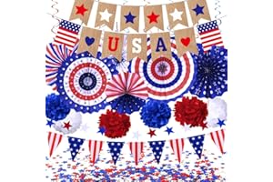 WEMEMORN 4th of July Patriotic Decorations Set- Fourth of July American Flag Party Supplies, Red White Blue Paper Fans, Star Streamer, Hanging Swirls, Flower Balls, USA Banner Flag Pennant Bunting Party Favors