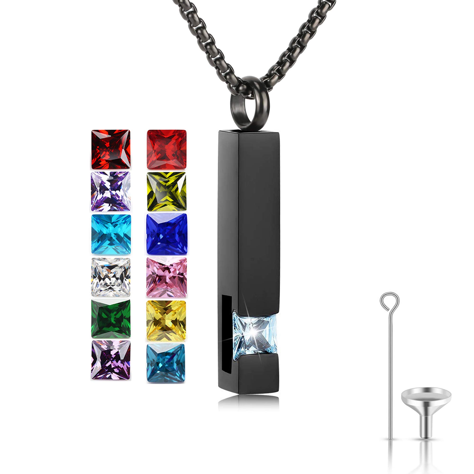 Birthstone Cuboid Locket Urn Necklaces for Ashes Cremation Jewellery Urns for Human Ashes Memorial Urn Keepsake Pendant