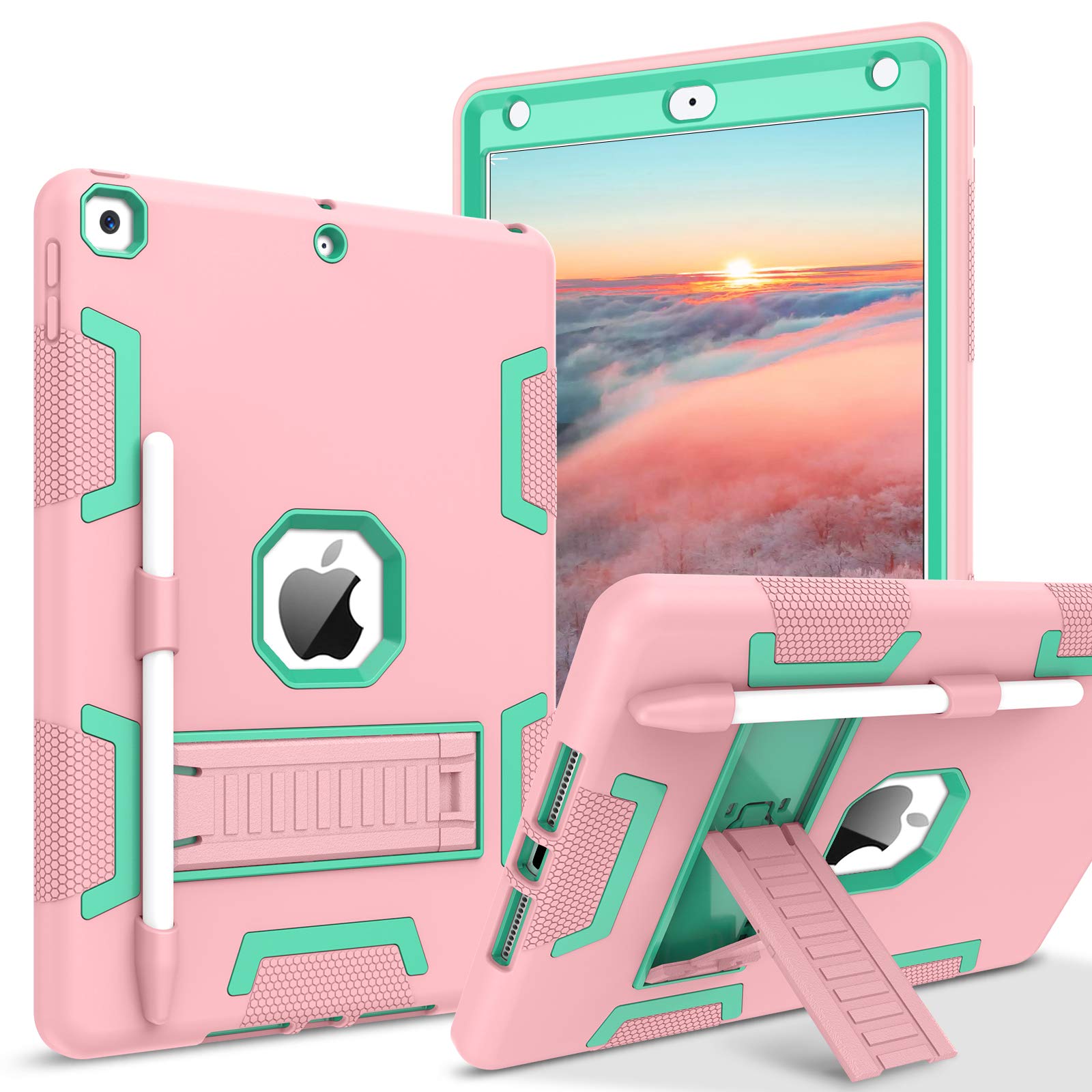 BENTOBEN for 9th Generation Case, 10.2 2021/2020/2019 Case, 3 in 1 Heavy Duty Rugged Shockproof Kickstand Protective Cover with Pen Holder for Girl Women, Rose Gold/Green