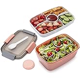 Freshmage Salad Lunch Container To Go, 68-oz Bowls with 4 Compartments, Dressing Container for Toppings, Snacks, Men, Women (Pink-XL)