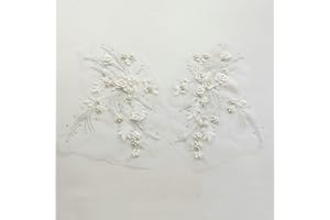 MUMAYA Lace Fabric 3D Flower Patches Tassel Beads Rhinestone Embroidered Wedding Gown Appliques Sew Patch for Dress DIY Decor 2 Pcs (White)