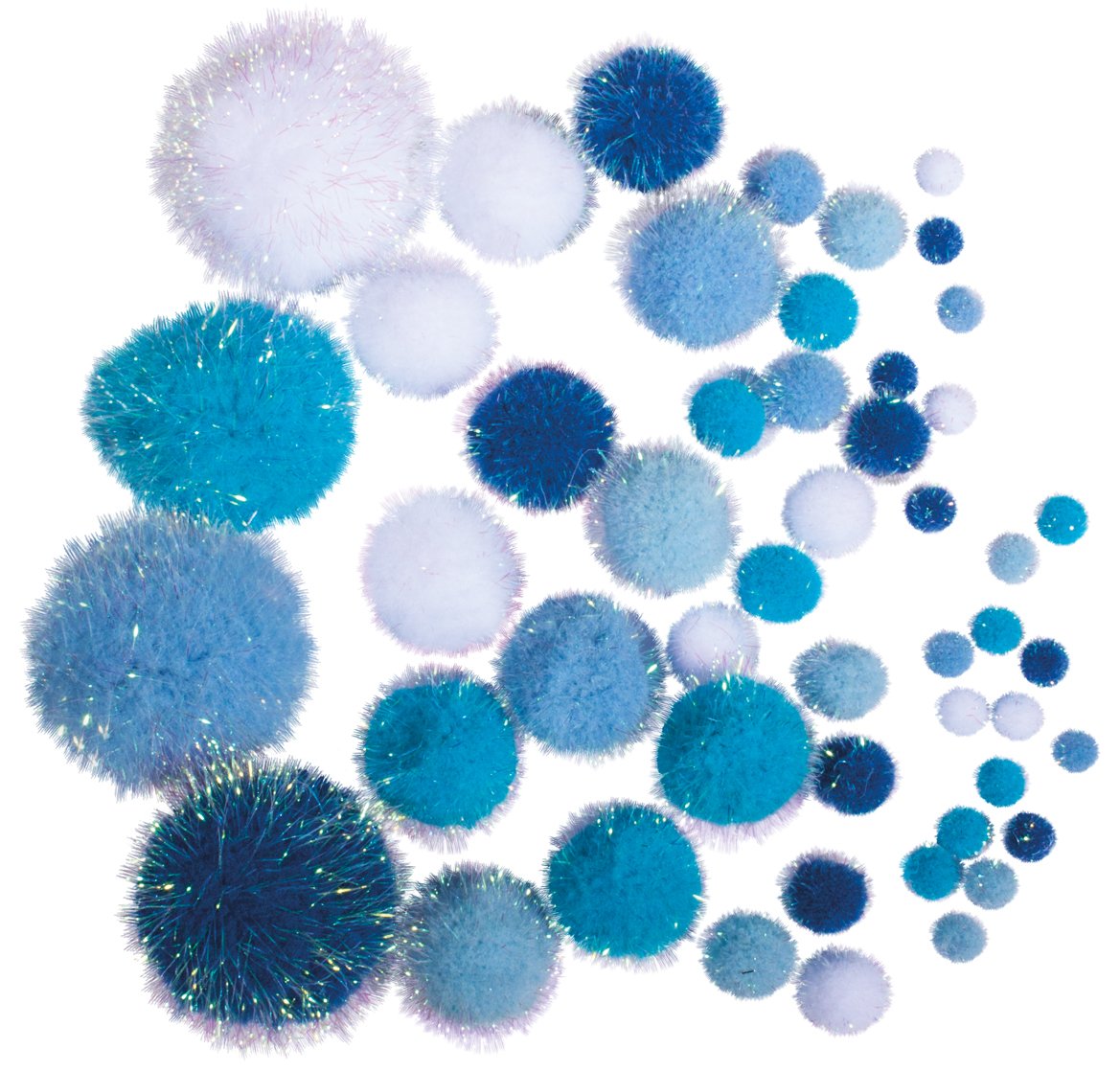 Rayher 50 Metallic Pom Poms for Crafting and Card Making, Craft Pom Poms, Mixed Size Pom Poms in Blue Shades, Glitter Pom Poms, Various Diameters, 76529000