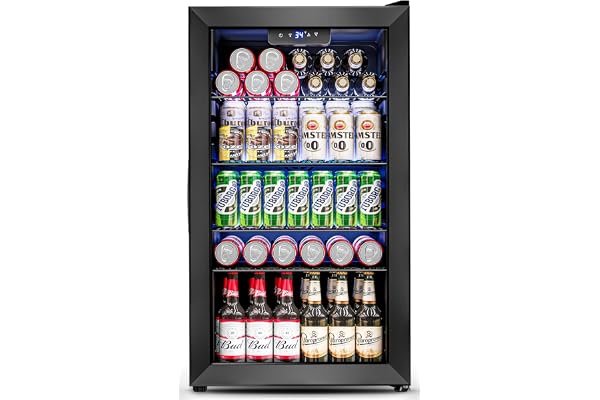 Feelfunn 3.2 Cu.Ft Mini Fridge with Glass Door - 126 Can Beverage Refrigerator Cooler for Drink Beer Wine Soda, Small Fridge for Bedroom Office Bar Dorm, 4 Adjustable Shelves, Black