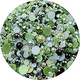 Mix Flatback Pearls and Rhinestone,60g Resin Rhinestones Half Round Pearls for Crafts 3mm-10mm AB Color Half Pearl Flatback Rhinestone for Nail Face Art,Bottles (Black Green Series)