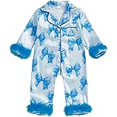 woshilaocai Baby Girl Silk Pajamas Bow Feather Trim Sleeve Button Down Romper Overall Jumpsuit Newborn Satin Pjs Nightgown