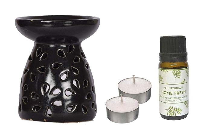 All Naturals Aroma Burner Aroma Diffuser unique gift Flower Cutwork with HOME FRESH Aroma Oil & 2 Tealights Unique Gift for for Aromatherapy, Aroma Oils, Home Fragrance & Freshness (Black)