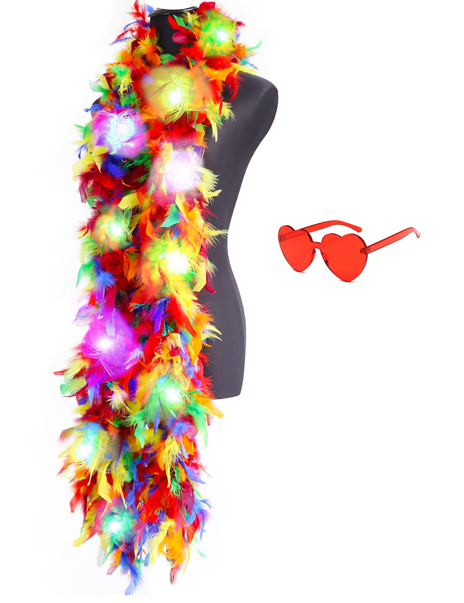 JIANGLAI Colorful Feather Boas, 6.6ft Boa with 20 Color LED Lights for Women, Dancing, Wedding, Party, Halloween, with Heart Sunglasses