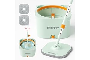 HoMettler Spin Mop and Bucket with 2 Microfibra Replaceable Mop Pads, Self Separation Dirty and Clean Water System Self Wringing 360° Rotating Square Mop-Head (1 Bucket + 52'' Mop + 2 Microfibra Pads)