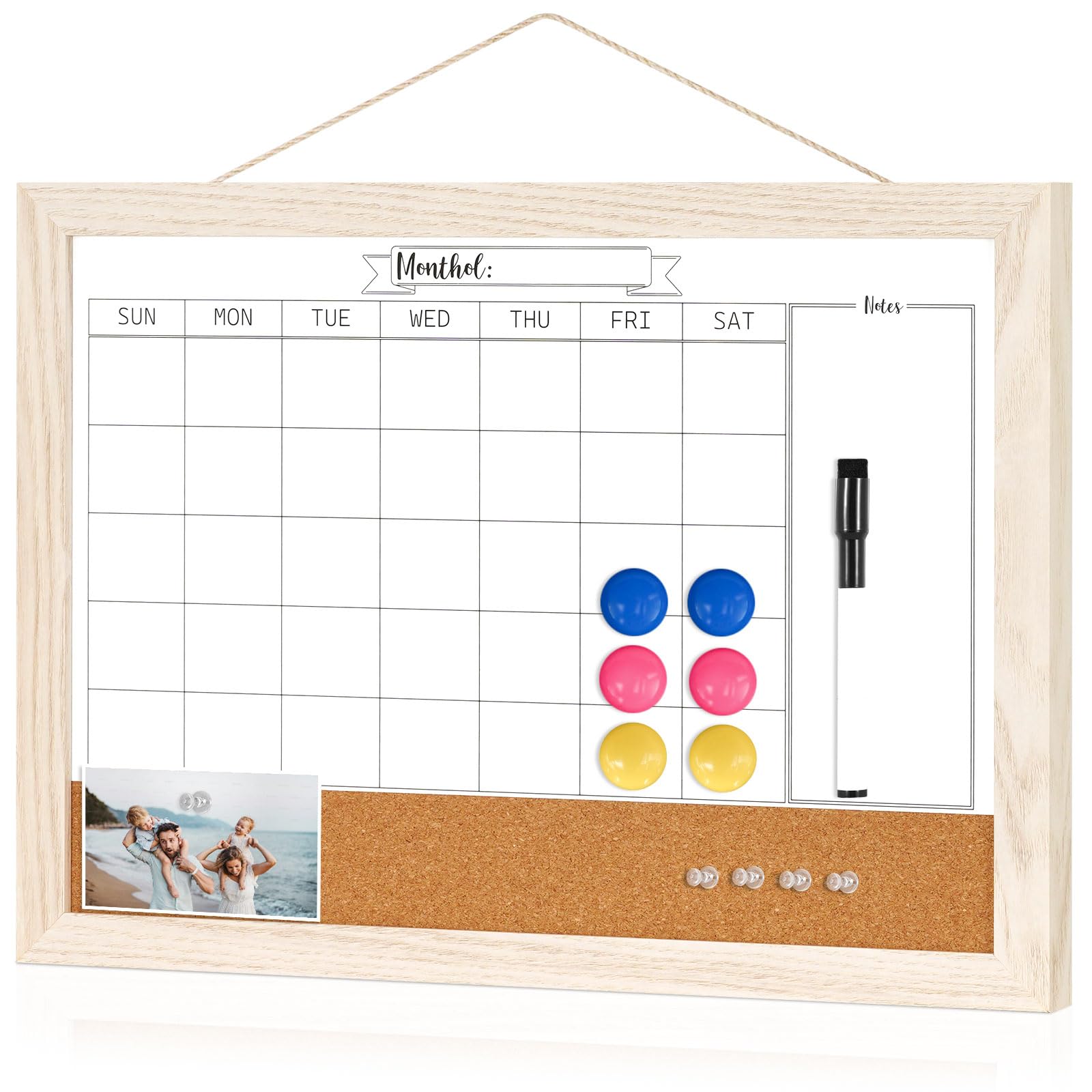 Photo 1 of Dry Erase Calendar Whiteboard for Wall, WALGLASS 16" X 12" Small Cork White Board Calendar Combo with Wood Framed, Portable Hanging Monthly Whiteboard for Home, School, Office (White)