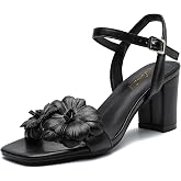 EURUOJIA Women's Flower Block Heel Sandals, Square Open Toe Dress Shoes | 2.6 Inch Low Chunky Heel, 3D Flower, Adjustable Ankle Strap Heeled Sandals for Wedding Guest, Bridesmaid &amp; Party