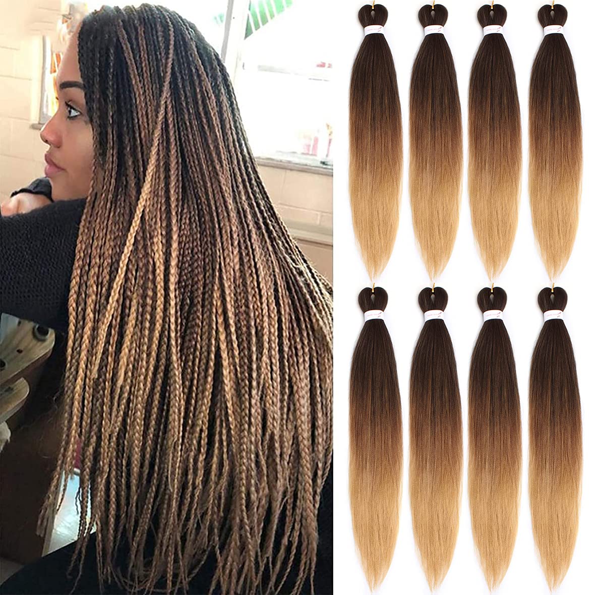 Leeven 26 Inch Pre Stretched Braiding Hair 8 Packs Yaki Braiding Hair Extensions for Box Braids Ombre Crochet Braids Hot Water Setting Pre Stretched Braiding Hair Extensions EZ Braids 1B/30/27#