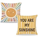 LUKIPOM You are My Sunshine Inspirational Pillow Covers 18x18 Set of 2, Boho Kids Room Nursery Decor, Boho Colorful Smile Sunshine Yellow Striped Decorative Throw Pillow Covers