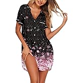 Ekouaer Nightgowns for Women Button Down Night Gowns Short Sleeve Sleep Shirt V Neck Nightshirt Soft Sleepwear Pajams Dress