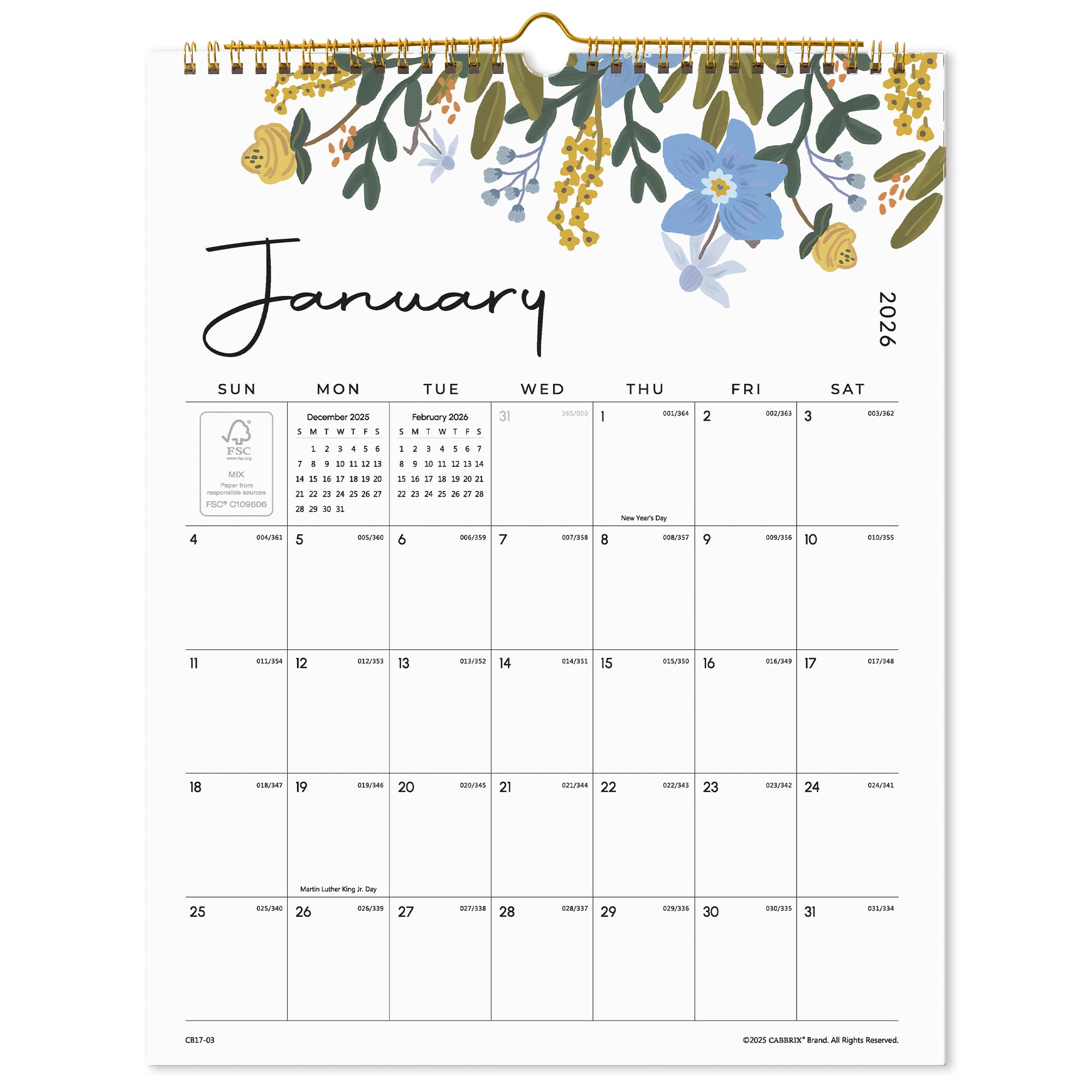 Photo 1 of 2026 Wall Calendar, Cabbrix Monthly Calendar from January 2026 to December 2026, 14-1/2"x11-2/5", Hanging Hook, Twin-Wire Binding, Floral Design Calendar for Easy Organizing