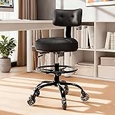 FREEKYROCK Office Drafting Chair with Footrest, Tall Height Adjustable Stool with Back Support, Heavy Duty Rolling Stool Chair with Wheels for Office Home Kitchen Bar Shop Guitar Studio Vanity, Black