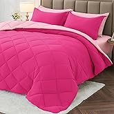 MUXHOMO 7 Pieces King Comforter Set, Reversible Bed in a Bag King Size, All Season Bedding Set with Comforter, Flat Sheet, Fitted Sheet, Pillowcases & Shams, Hot Pink & Baby Pink
