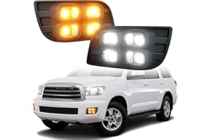 KeeForthewin Daytime Running Light fit for Toyota Sequoia 2007-2017 Headlight Fog Lights Accessories with White LED DRL - Amber Sequential Turn Signal