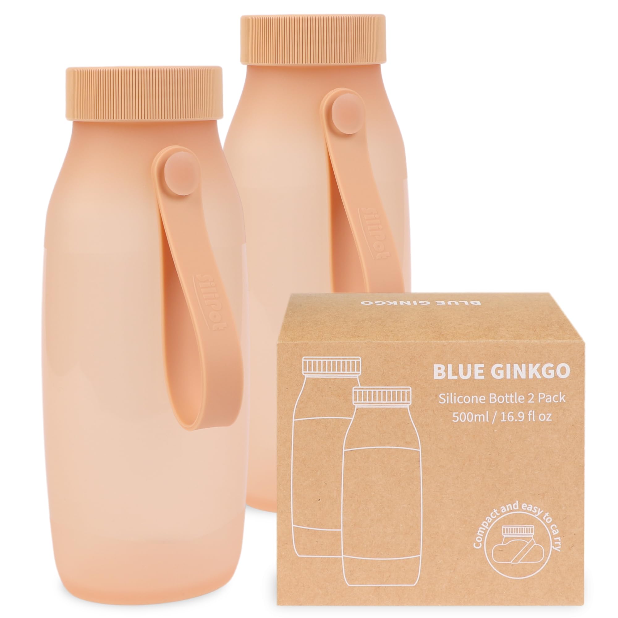 BLUE GINKGO Collapsible Water Bottle [2-Pack] – Lightweight, Foldable Silicone Bottles for Travel, Hiking, and Camping (500ml, Made in Korea, Peach)