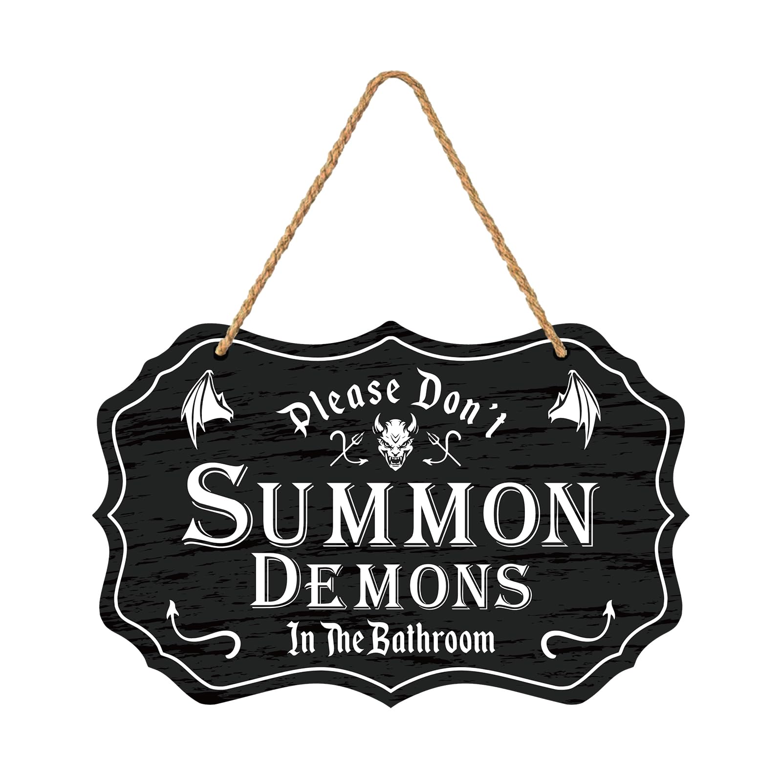 Photo 1 of Funny Halloween Wood Door Sign, Gothic Welcome Sign Front Door Bathroom Decor, Halloween Wooden Hanging Sign Wall Decor, Halloween Party Decor Supplies - Please Don't Summon Demons in The Bathroom