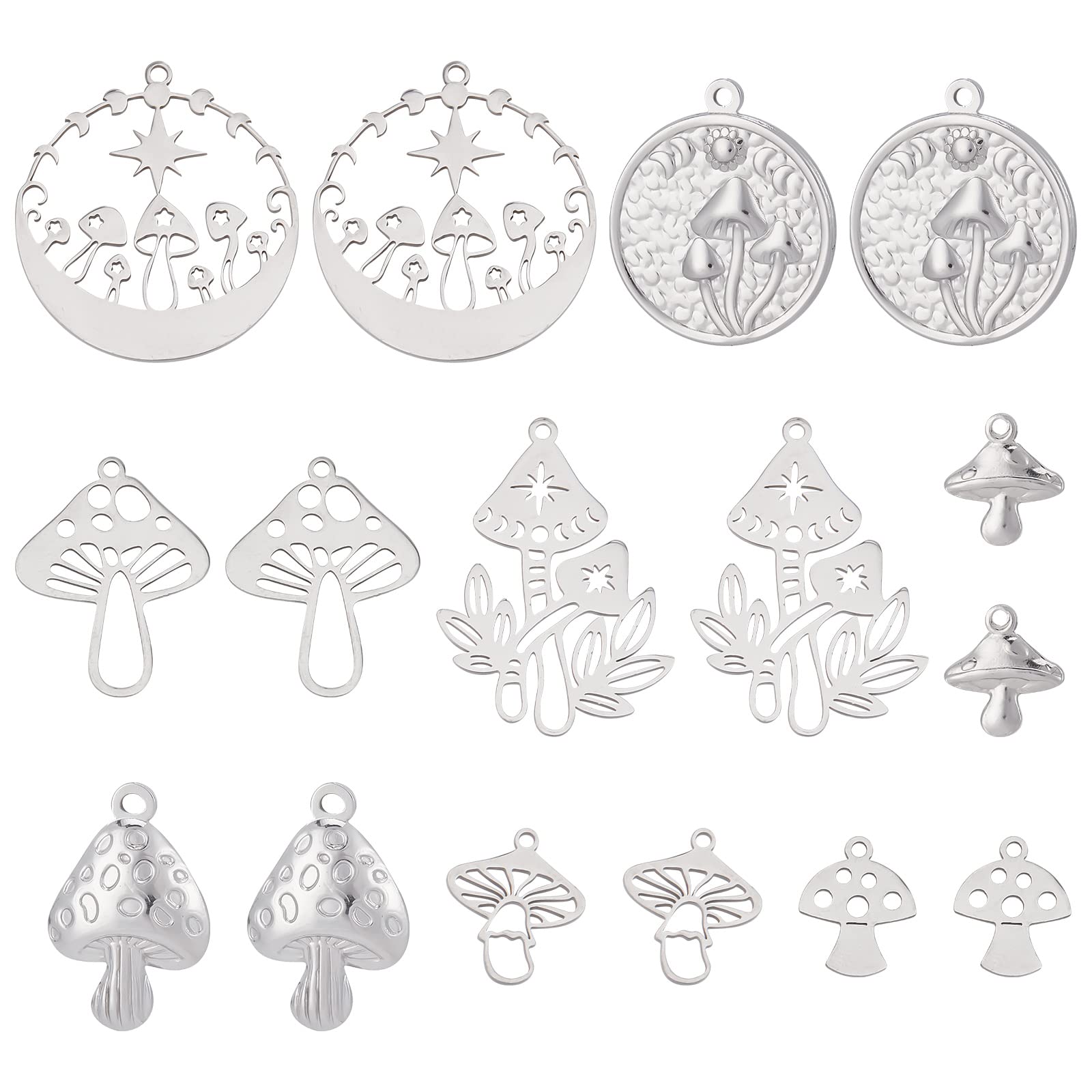 SUNNYCLUE 1 Box 16Pcs Mushroom Charms Stainless Steel Mushrooms Charms Tarot Style Double Sided Hollow Charm Flat Round Coin Metal Charms for jewellery Making Charm Earring DIY Craft Art Supplies