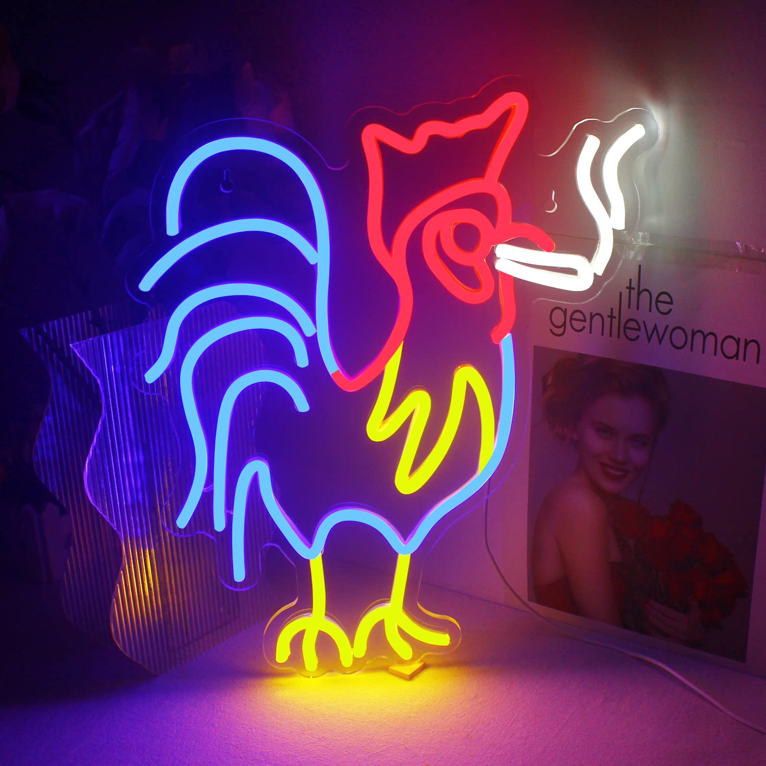 Photo 1 of ineonlife Rooster Chicken Neon Sign Red Blue Led Signs for Wall Decor Animal Lights Room Decor Birthday Party Gifts Decoration Aesthetic