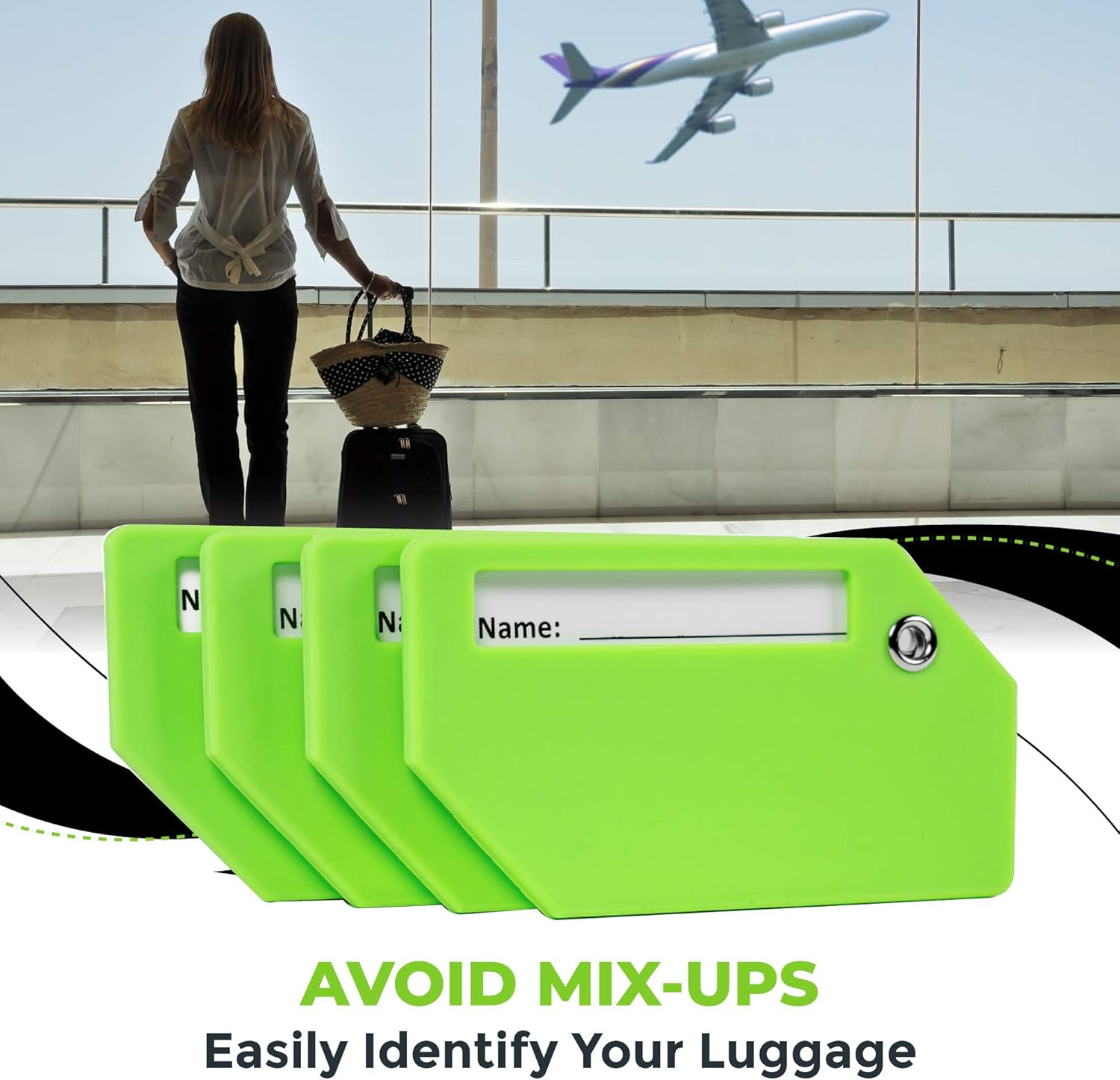 Untethered Luggage Tag Set | 4 Pack Flexible & Bright Silicone Baggage Tags for Travel & Suitcases. Includes Name Cards with Partial Privacy Cover & Stainless Steel Loops for Secure Fastening (Green): Office Products