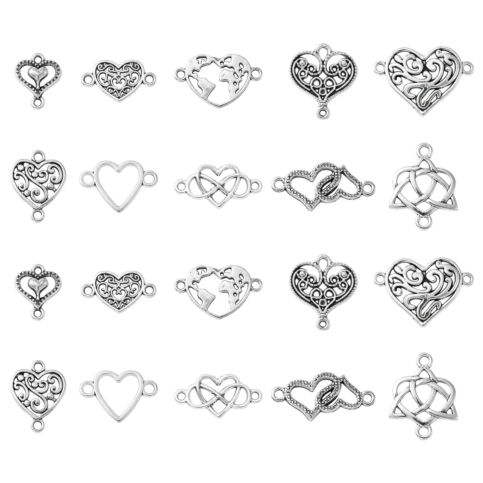 Stiesy 100Pcs 10 Styles Tibetan Silver Heart Links Charms Antique Hollow Heart Connector Vintage Triquetra Links Charm for DIY Valentine's Day Gift Jewelry Making