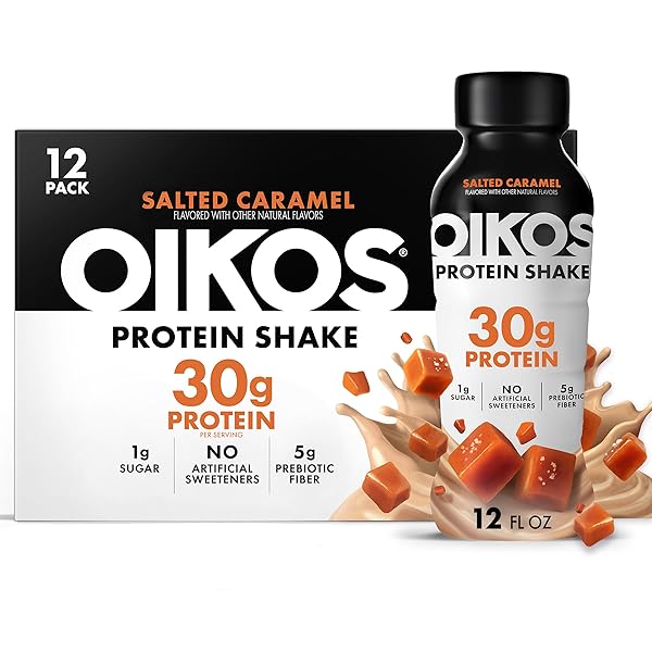 OIKOS PROTEIN SHAKE, SALTED CARAMEL, 30G HIGH PROTEIN DRINKS, SHELF STABLE, READY TO DRINK, 5G PREBIOTIC FIBER, 12 FL OZ BOTTLE, 12 COUNT