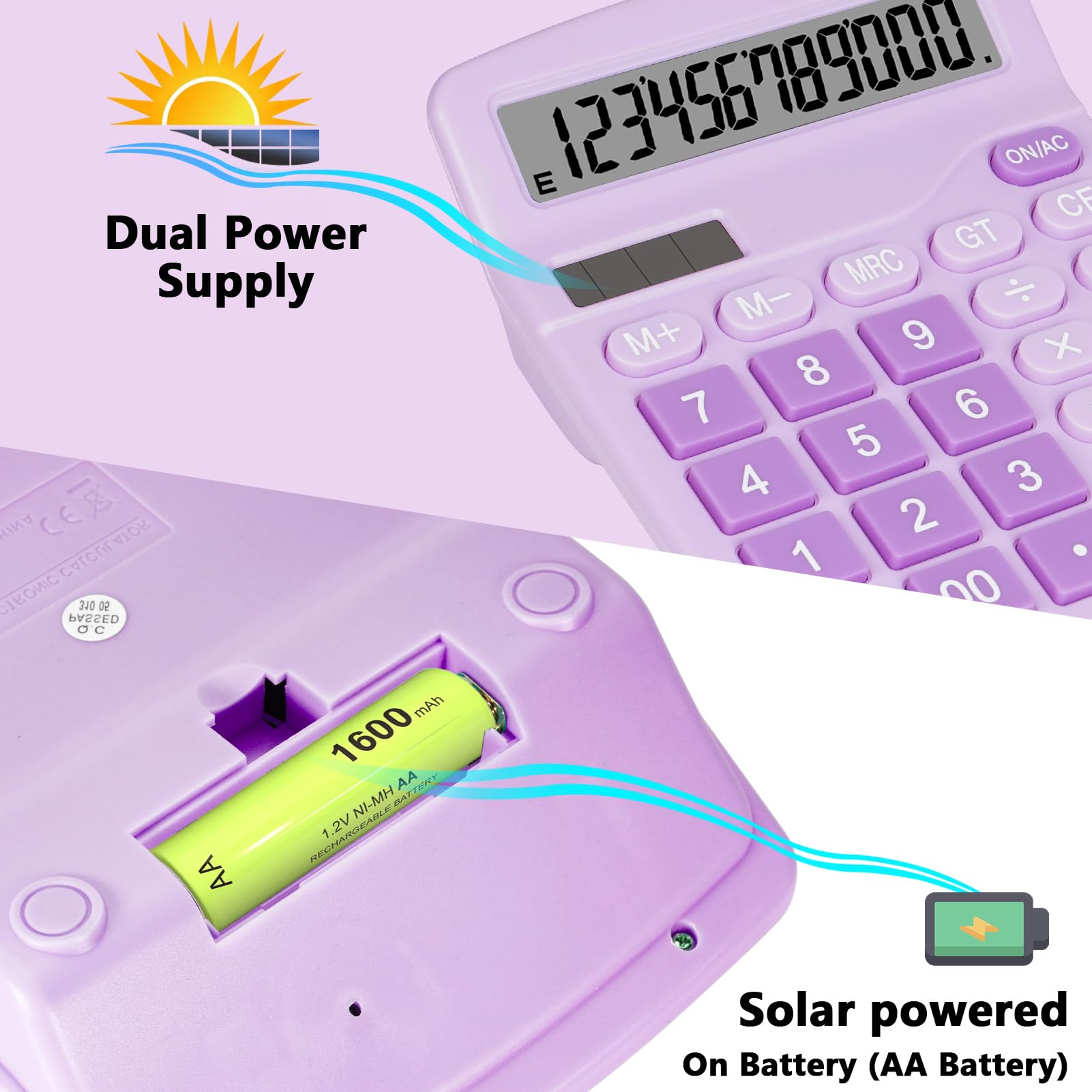 DANRONG Cute Purple Desktop Calculator with Big Buttons, Dual Power Source, Solar and Battery, Large Display Screen - Perfect for Office, Teachers, and Students (Purple)