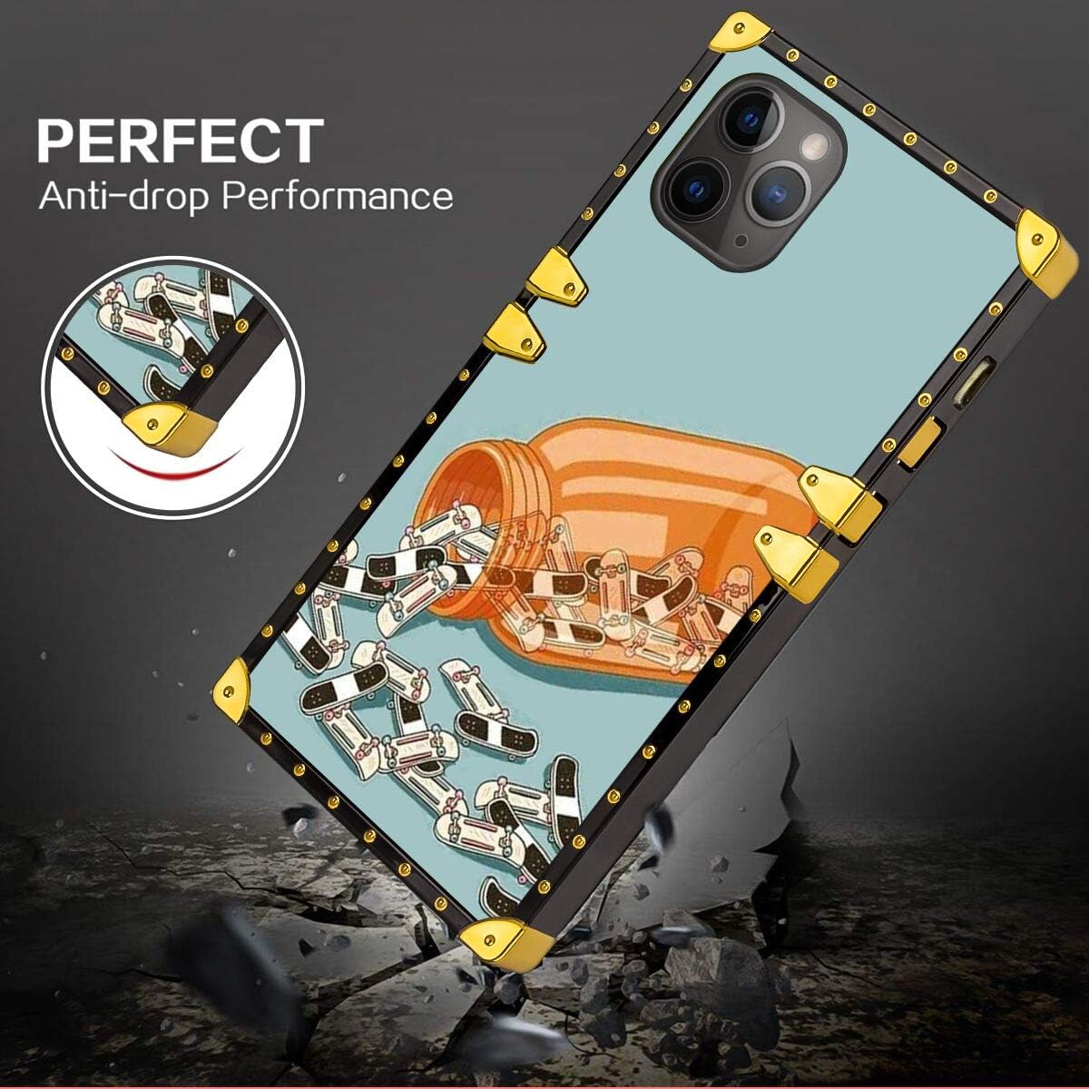 hfijgsj Square Case for iPhone 11 Pro Max 6.5 Inch 2019, Skateboard Pattern Fashion Slim Soft Shockproof Design Metal Decorative Full Protective Phone Case