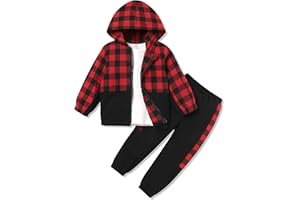 FoWear Toddler Boy Clothes 3-Piece Plaid Zip up Hoodie White T-Shirt and Pants Fall Winter Boys Clothing Set