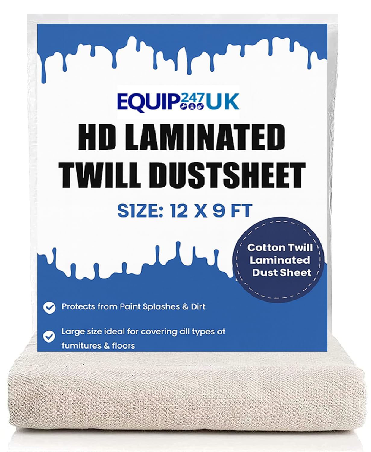 Heavy Duty Cotton Dust Sheets for Decorating - Laminated Dust Sheet with Cotton Twill Backed with Plastic Sheet Polythene Sheeting 12ft X 9ft Dust Sheets for Painting, Furniture, DIY, Floor, (1)