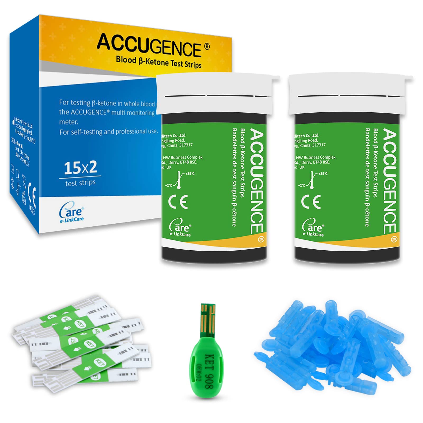 ACCUGENCE Blood Ketone Test Strips 30pcs and 30 Lancets, Keto Strips (Suitable for ACCUGENCE 3in1 Meter)