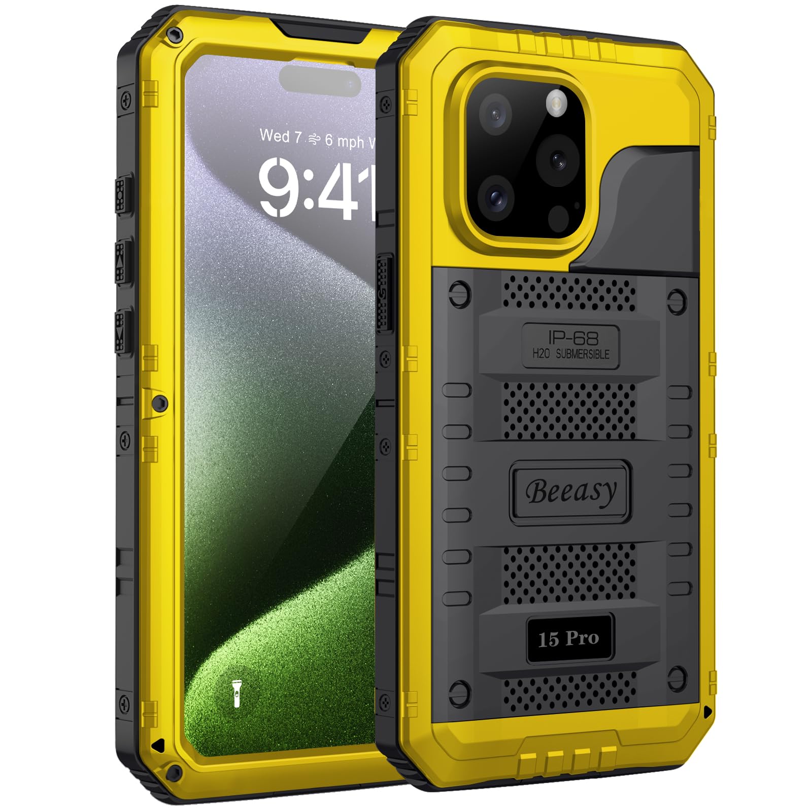 Beeasy for iPhone 15 Pro Case Waterproof Heavy Duty Tough Metal Armour Cover Shockproof Dustproof Built-in Screen Protector, Robust Full Body Military Protective Rugged Case for iPhone 15 Pro, Yellow