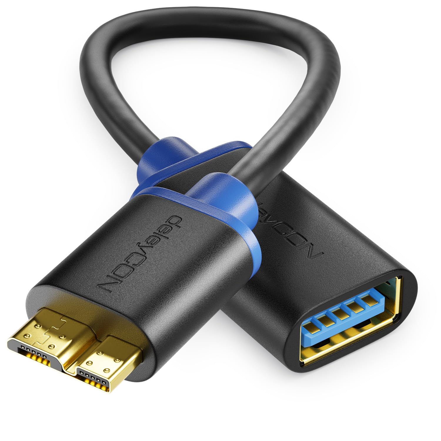 deleyCON [0.2 m] USB 3.0 Super Speed OTG Adapter – Data Cable for Smartphone and Tablet – USB 3.0 A Female to USB 3.0 Micro B Male – USB 3.0 Super Speed Technology – Transfer Rates Up to 5 Gbit/s – Shielded Flexible Premium USB 3.0 Cable – Fast and Secure Data Transfer – Backward Compatible with USB 2.0 / USB 1.1 – OTG Adapter for e.g. Samsung Galaxy S5 / Note 3 – Colour: Black / Blue