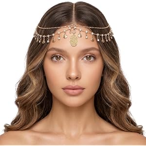 Shimmeroo Gold Headpiece, Gold Head Chain Jewelry for Women Girls Goddess | Shells Rhinestone Egyptian Headpiece, Genie Head