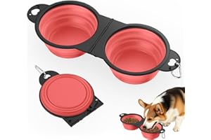 Pawaboo 2-in-1 Collapsible Dog Bowls, Dual Puppy Food and Water Bowls, 180° Flip Over Portable Silicone Dog Bowl with Metal Hook, 450ml Pet Travel Feeder Bowl for Walking Hiking Camping, Light Pink