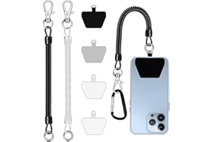 takyu Phone Tether, 2PCS Phone Lanyard Tether with 4*Patch and 1*Carabiner for Outdoor Hiking Cycling Climbing Skiing Compatible for iPhone Samsung Pixel Most Smartphones(Black+Clear)