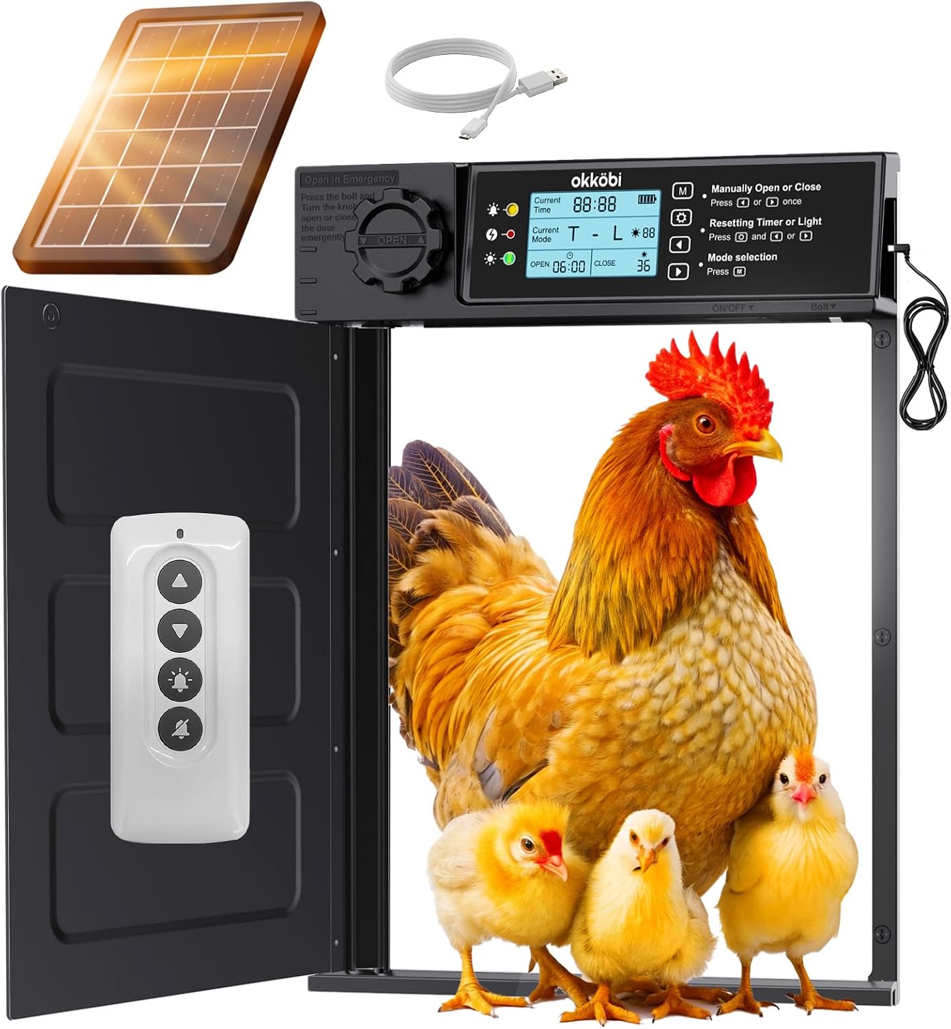 Okköbi Automatic Chicken Coop Door PRO - Light Sensor & Timer - Anti-Pinch Function - Wide Opening - New Model - Solar Powered with LCD Display & Remote Control - 5 Year Protection